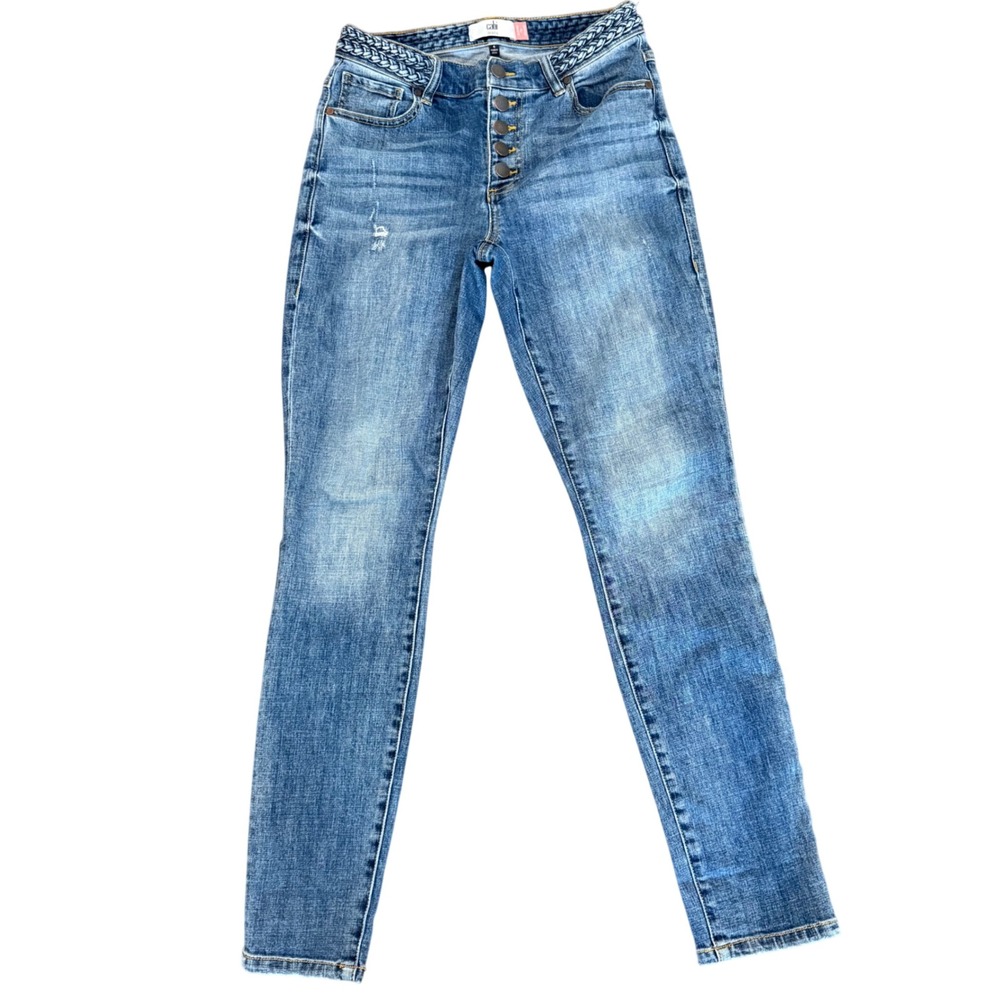 Cabi Dream Weaver Skinny Jeans Sz 4 Medium‎ Wash Braided Waist Button Fly 5694
